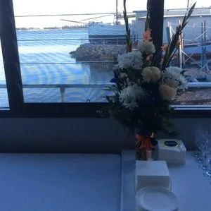 flower arrangement with slipway view behind
